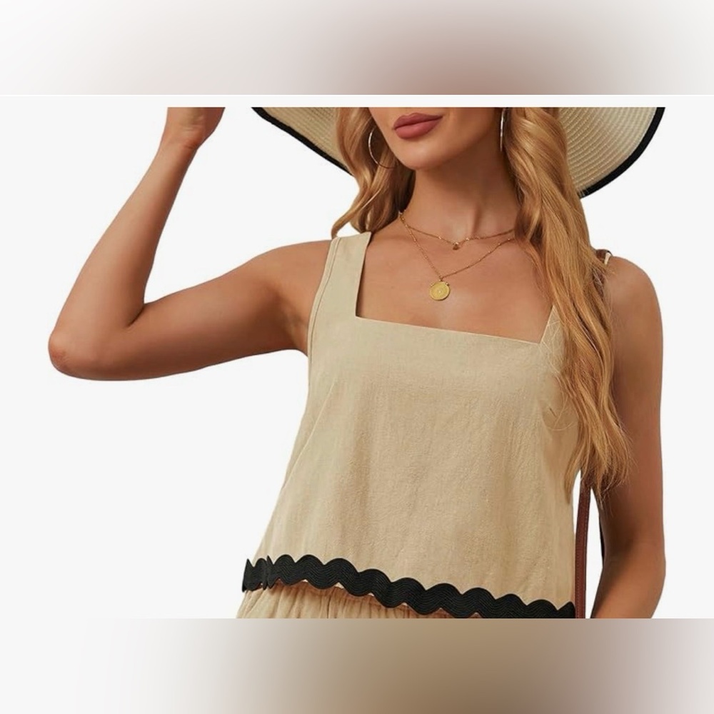 NEW Khaki 100% Cotton Square Neck Cropped Tank Top L